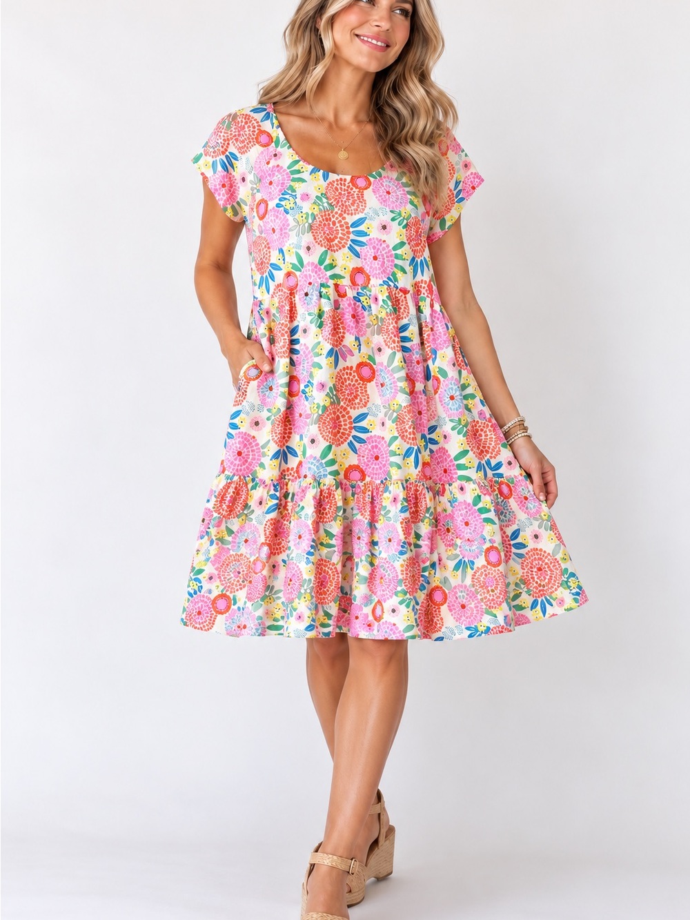 Uncle Frank Floral Scoop Neck Tiered Summer Dress in Multi Pink $150 msrp